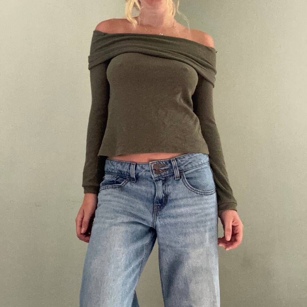 Lulus Off The Shoulder Long Sleeve Knit Top Olive Green Size Medium Minimalist